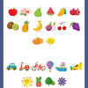 A collection of colorful fruits and vegetables used for an animal memory match card game.