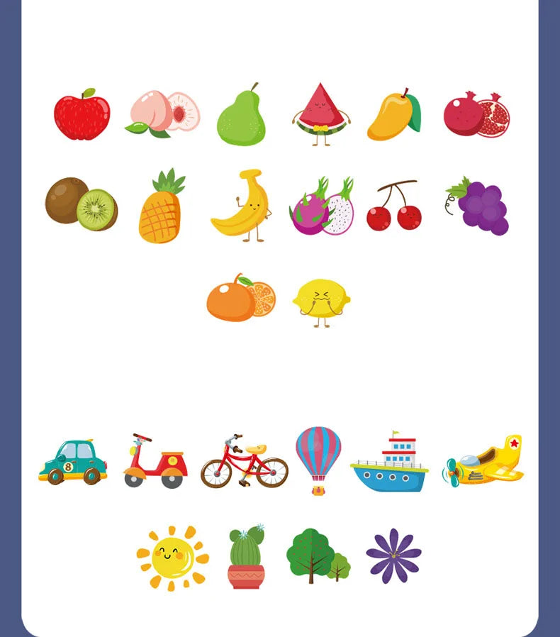 A collection of colorful fruits and vegetables used for an animal memory match card game.