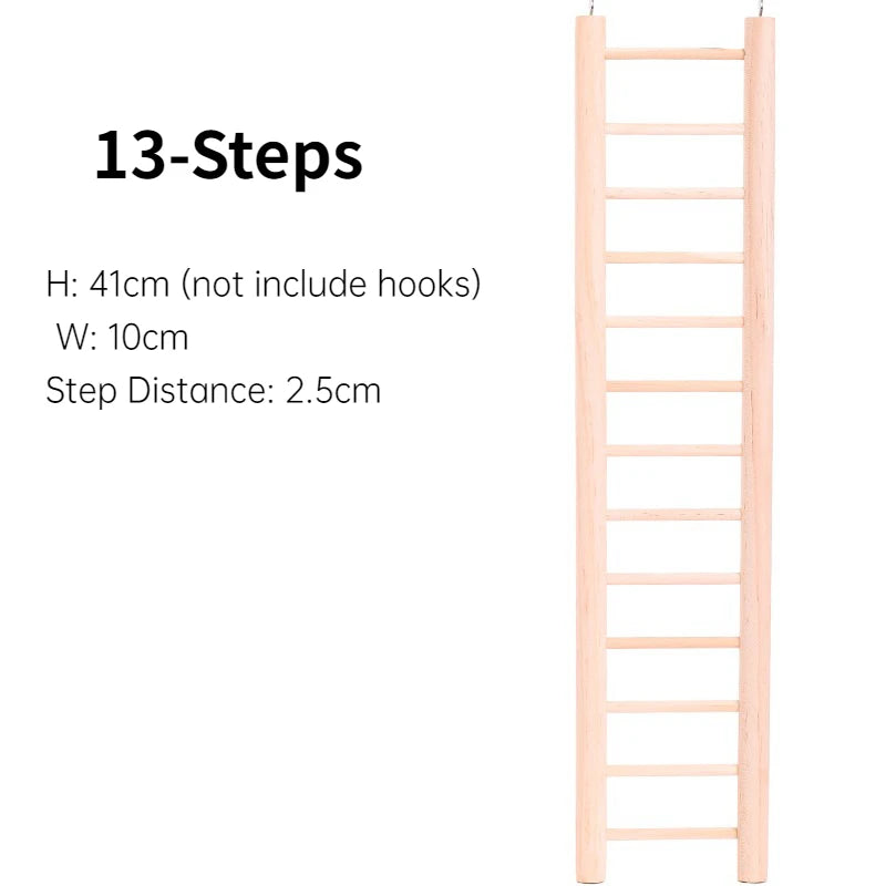 A light wooden climbing ladder with 13 steps and a 2.5cm distance between steps.
