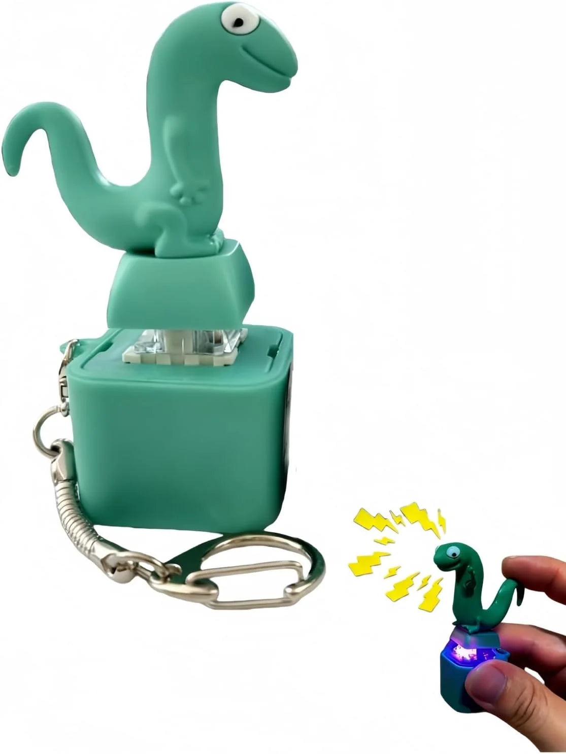 A teal dinosaur-shaped clicker keychain with an LED light is shown being held by a hand.