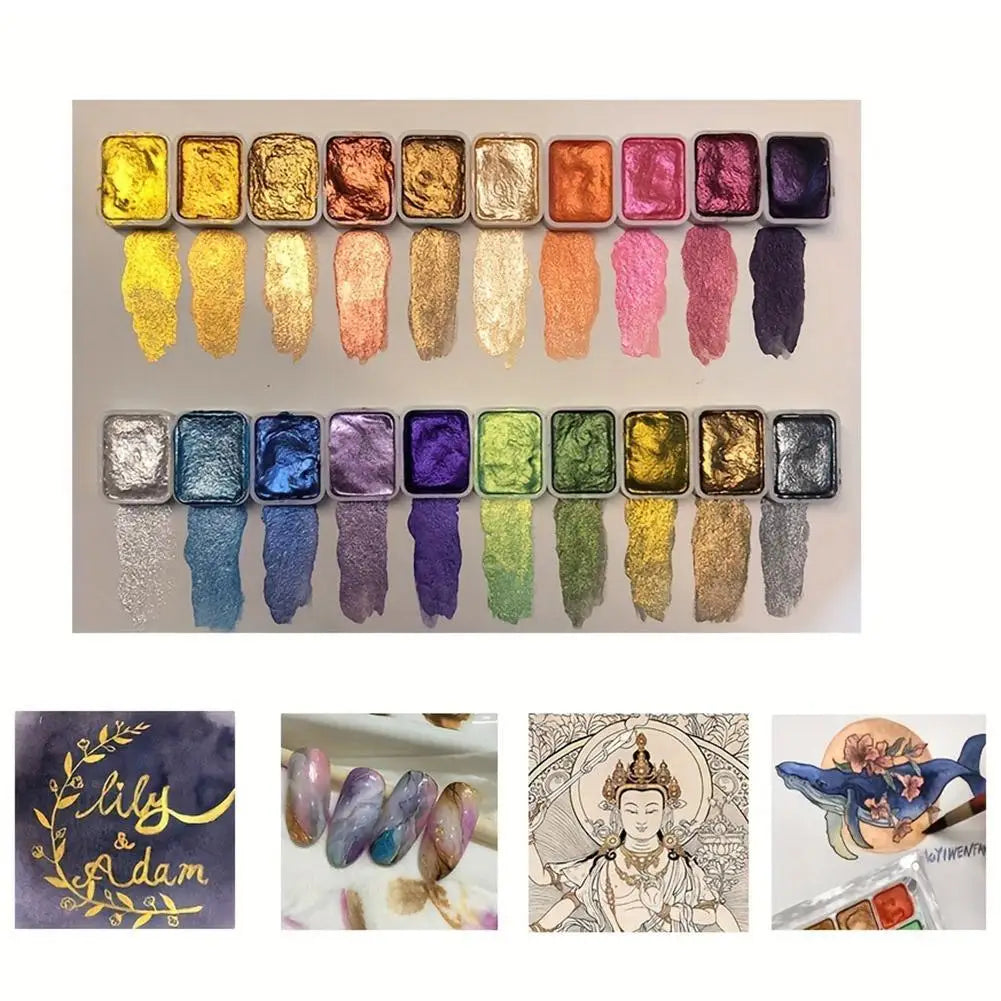 A collection of 20 watercolor paint colors arranged in a row, including various shades of yellow, orange, pink, and purple.