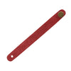 A reddish-brown leather guitar strap button with a round metal fastener.