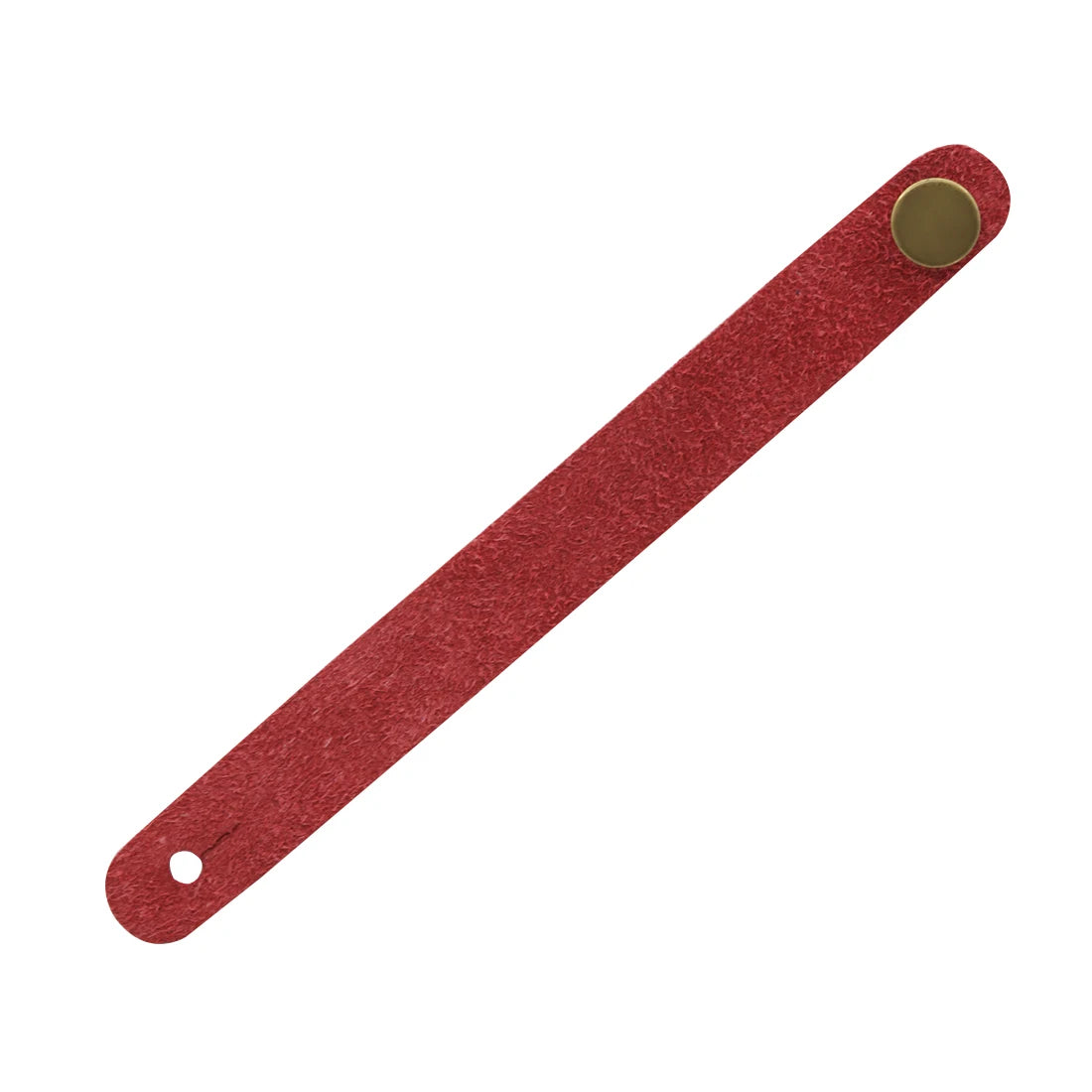 A reddish-brown leather guitar strap button with a round metal fastener.