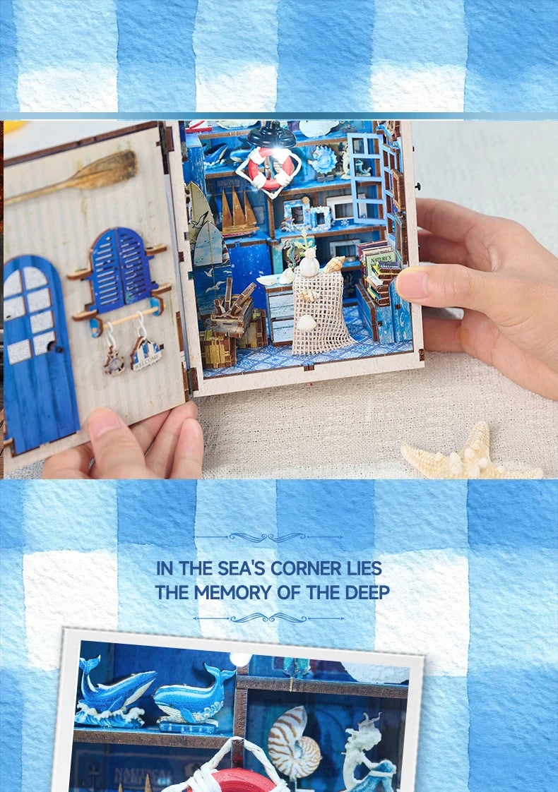 Beach Corner Book Nook Kit – Wooden Miniature Bookend with LED Light