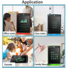 Application screenshots showing various uses of an 8.5-inch LCD writing tablet for notes and messages.