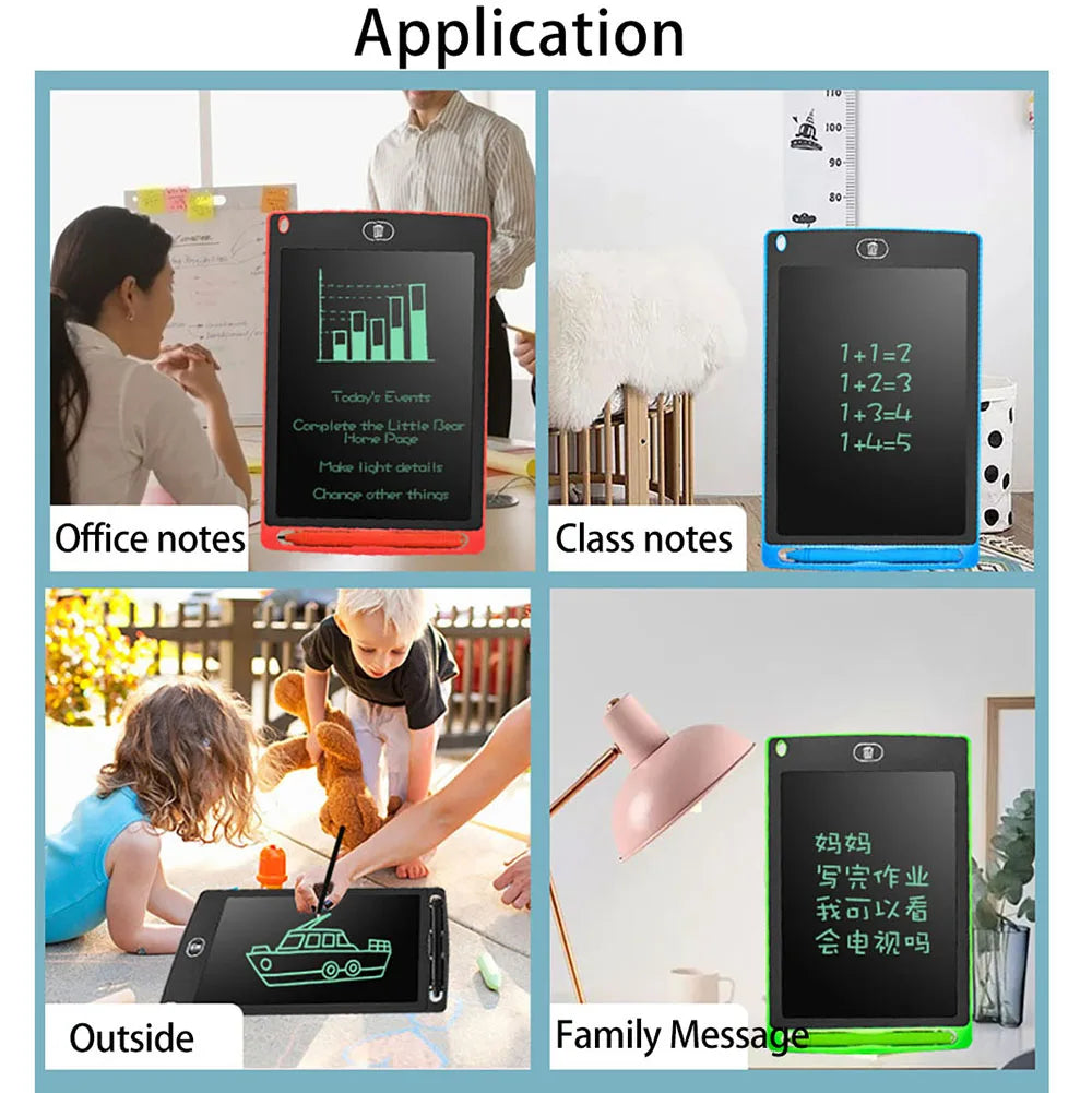 Application screenshots showing various uses of an 8.5-inch LCD writing tablet for notes and messages.