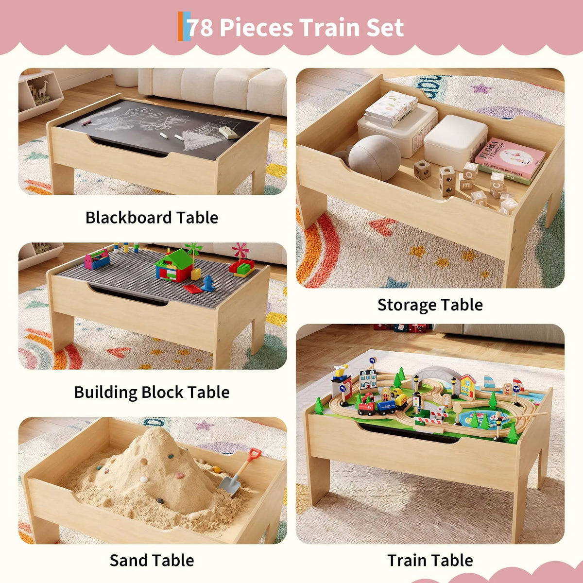 A set of 78 wooden train tables including a blackboard table, storage table, building block table, sand table, and train tabl