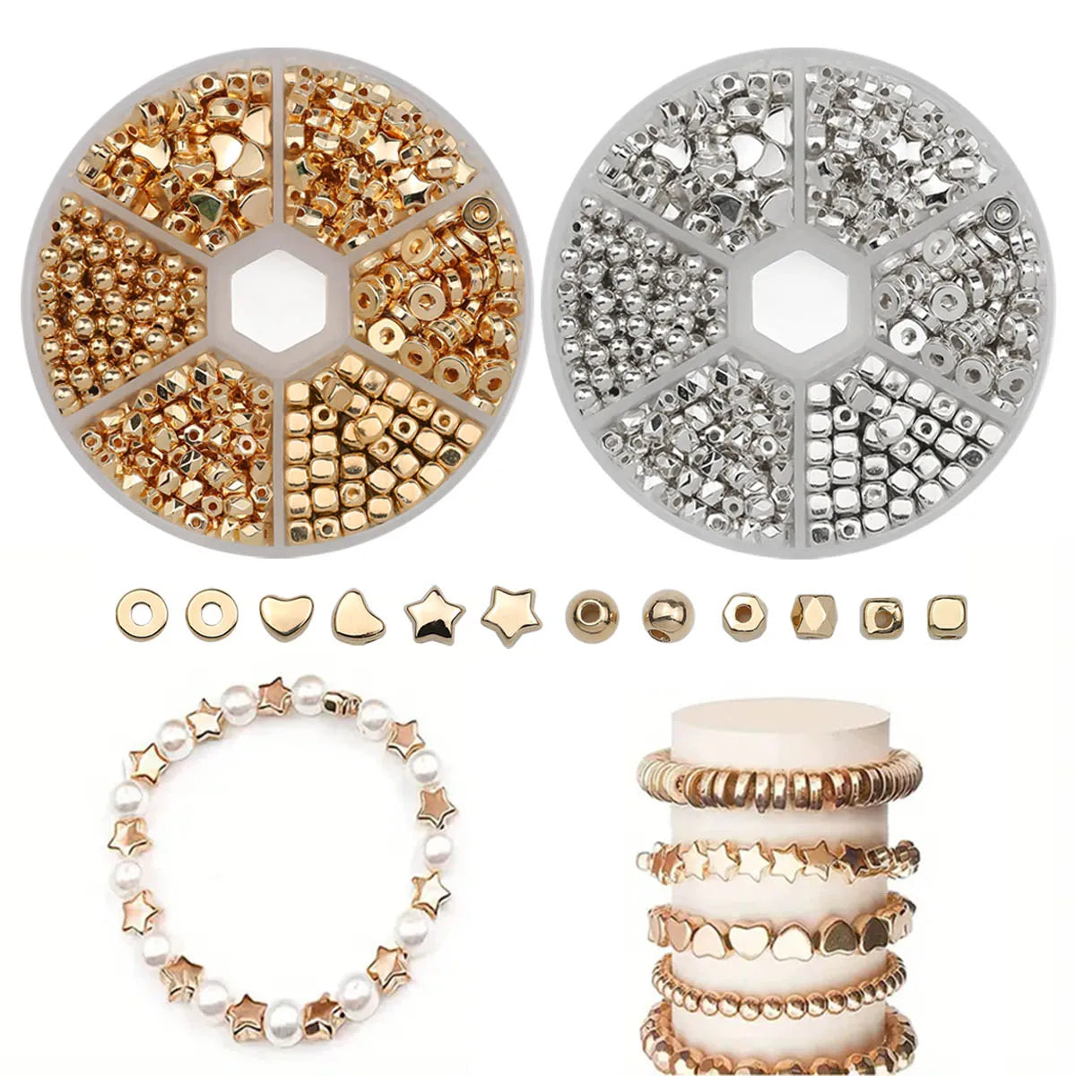 A collection of 580 gold and silver plated beads, including various shapes and sizes, for jewelry making.