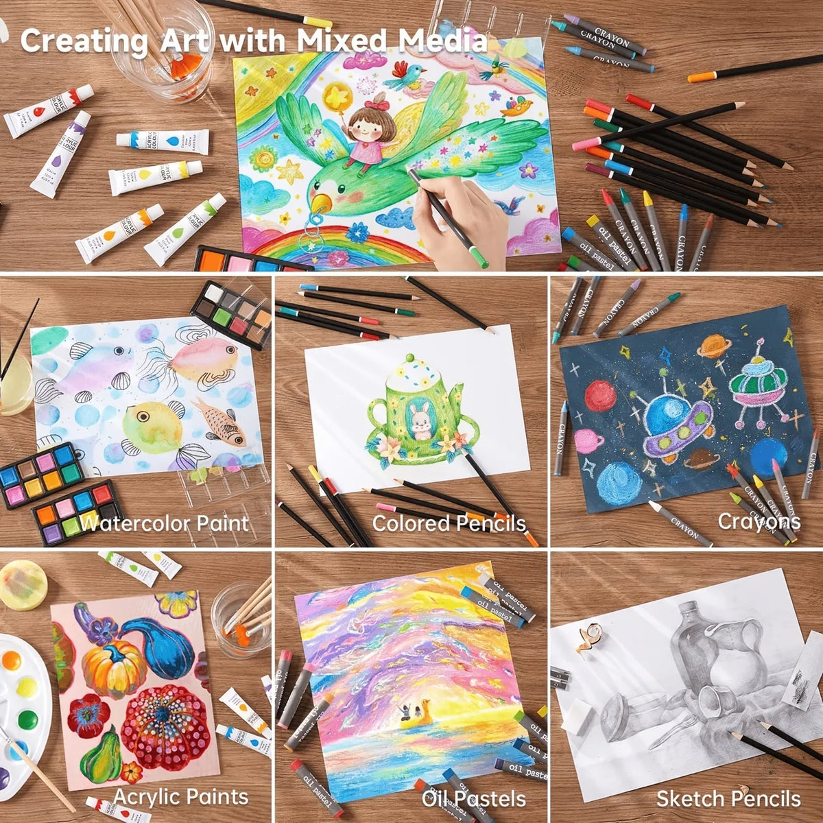 142-Piece Wooden Art Set with Pencils, Paints, Brushes & More