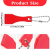 A red plastic lottery scratcher tool with a loop and chain attached, shown from various angles.