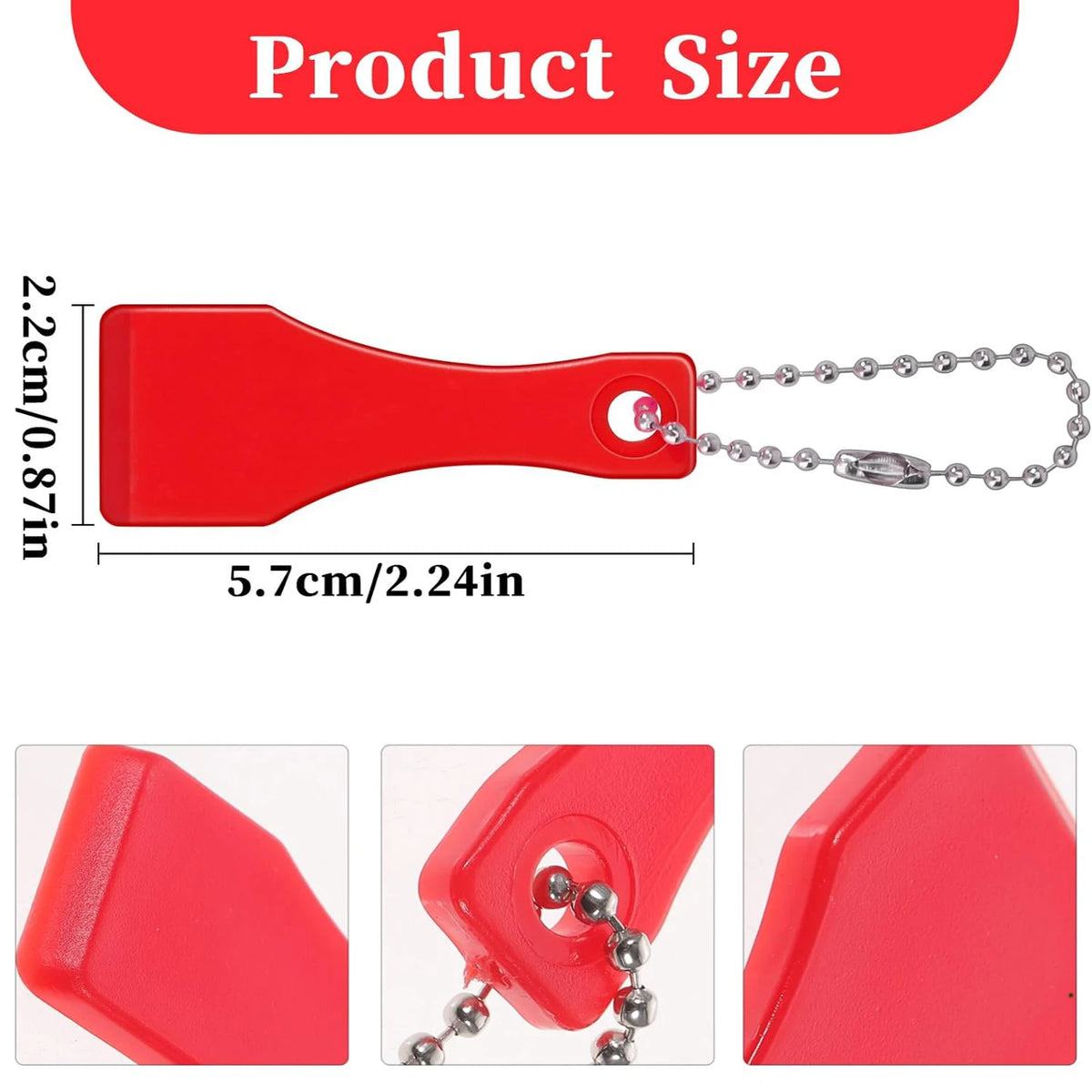 A red plastic lottery scratcher tool with a loop and chain attached, shown from various angles.