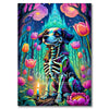 A colorful owl skeleton mosaic art painting featuring vibrant pink and purple flowers and a forest background.