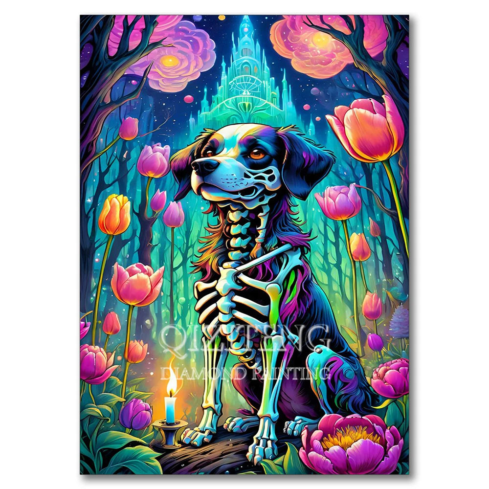 A colorful owl skeleton mosaic art painting featuring vibrant pink and purple flowers and a forest background.