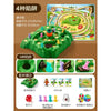 A set of four wooden puzzle boards and game pieces for a rabbit trap strategy board game
