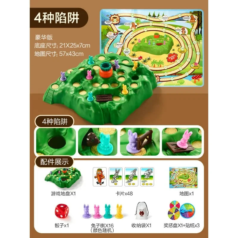 A set of four wooden puzzle boards and game pieces for a rabbit trap strategy board game