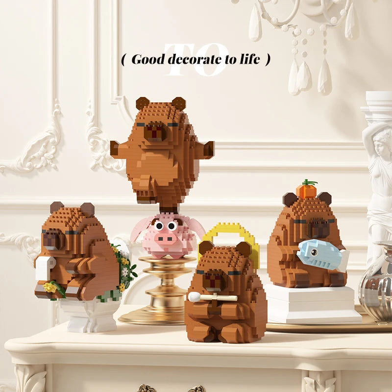A set of wooden building blocks shaped like cute bears and a pink pig, displayed on a white mantelpiece.