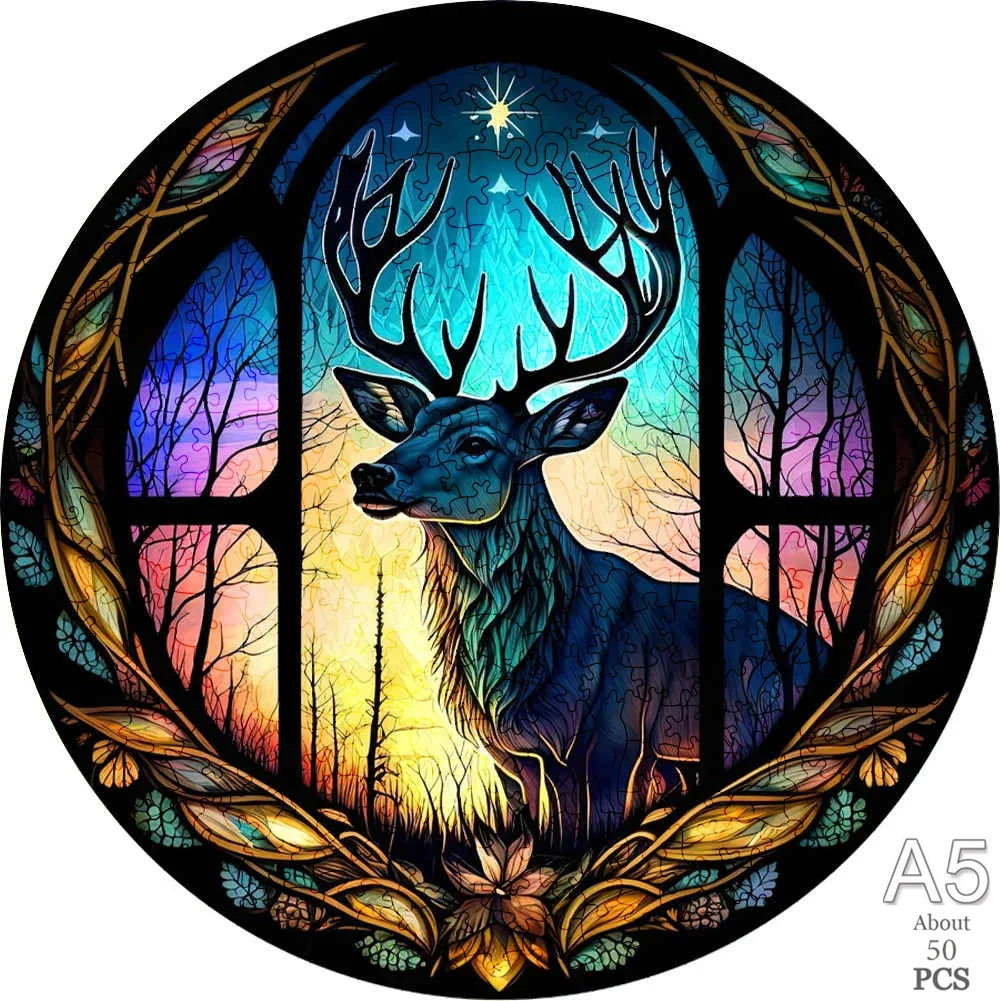 A detailed illustration of a deer head with antlers set against a vibrant, colorful forest background.