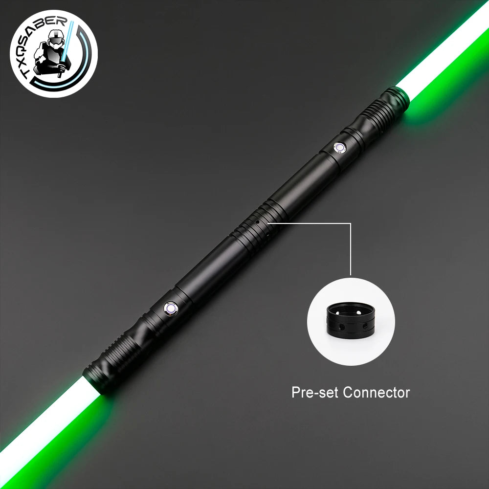 A black lightsaber staff with a green blade and a pre-set connector is shown diagonally on a dark surface.