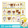 A set of 22 yellow flashcards showing various English prepositions like above below in front of to and around