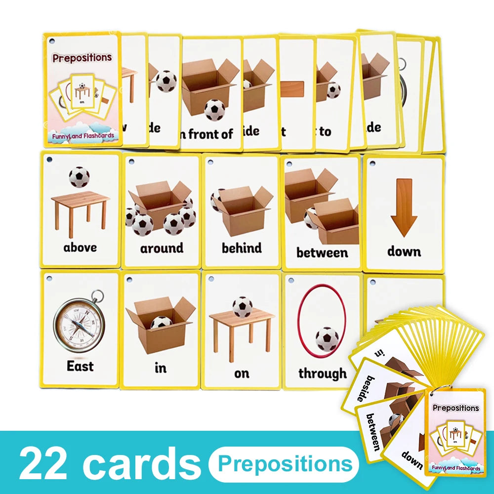 A set of 22 yellow flashcards showing various English prepositions like above below in front of to and around