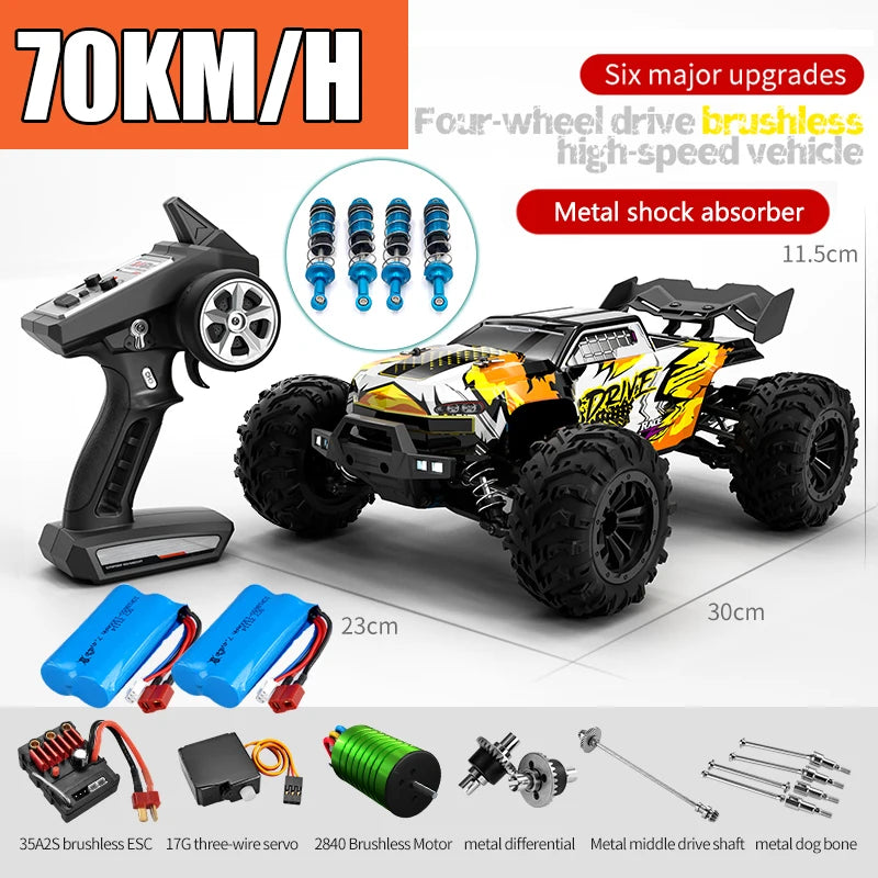 A black brushless 4WD monster truck RC car is shown with various upgrades and accessories.