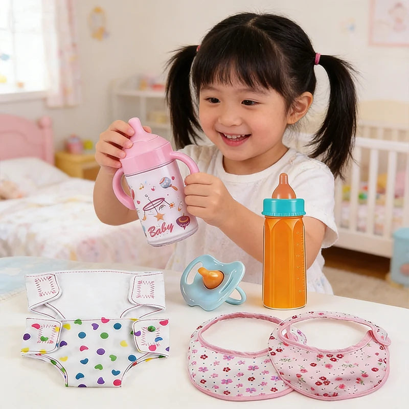 A smiling toddler holds a pink baby feeding and care accessory set including diapers and silicone rings.