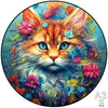 A jigsaw puzzle of an orange and white tabby kitten's face with blue eyes surrounded by colorful flowers.