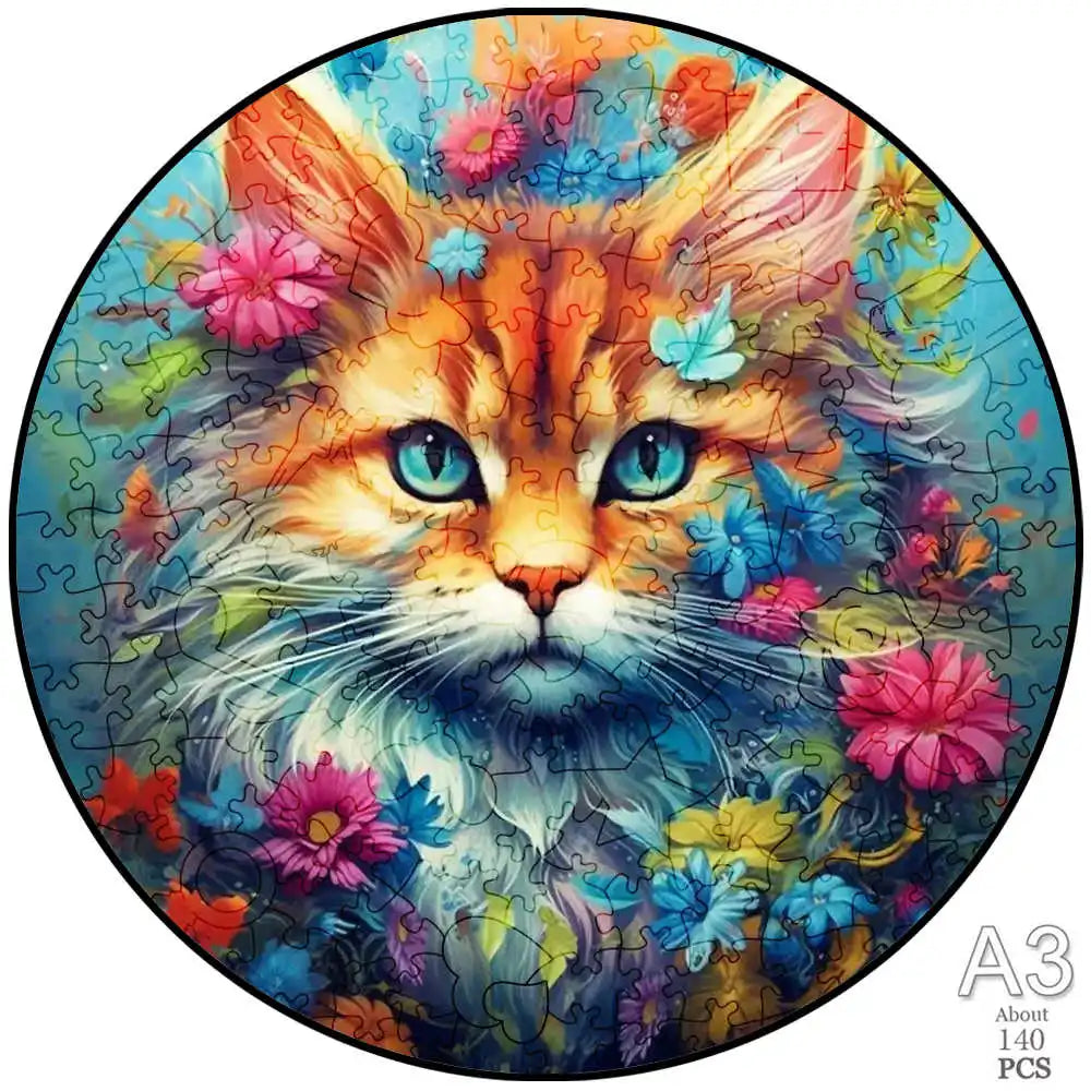 A jigsaw puzzle of an orange and white tabby kitten's face with blue eyes surrounded by colorful flowers.