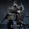 A detailed model kit of the Fenrir A6 Assault Type mecha in dark gray and black, shown in a dynamic pose.