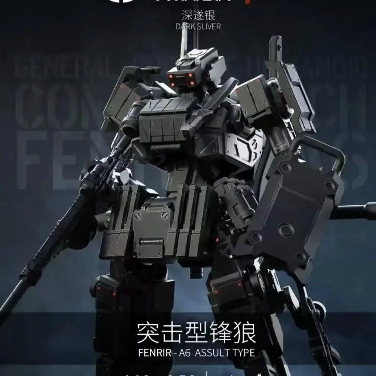 A detailed 1/18 scale model kit of the FENRIR A6 Assault Type mecha, dark gray and black.