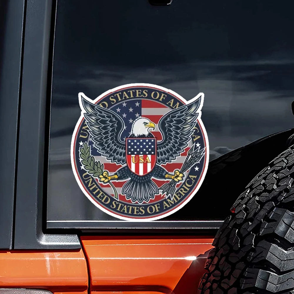 Patriotic American Eagle vinyl decal featuring the US flag and eagle design on a dark car window.