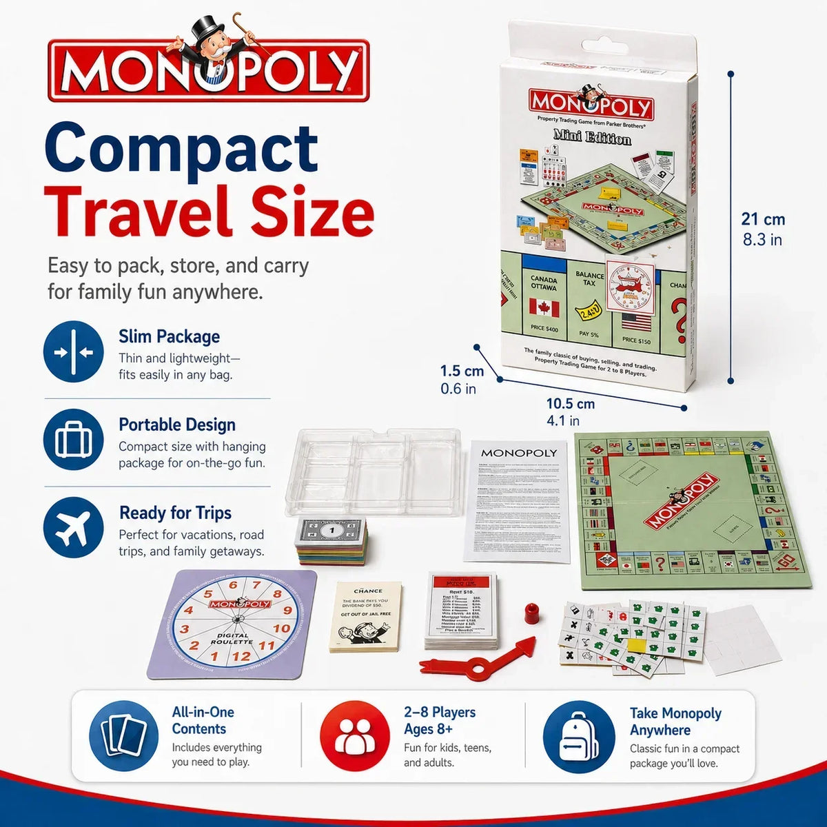 A box of Monopoly Compact Travel Size game showing the board and components.