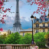 A painting of the Eiffel Tower framed by pink blossoms and green foliage.