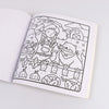 A black and white line drawing of a girl with braided hair and a bear in a farm scene for a coloring book.