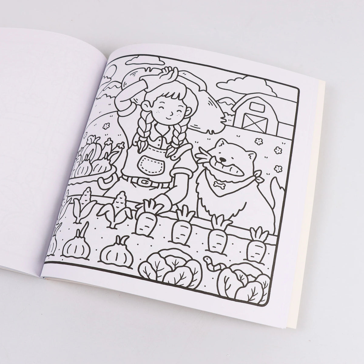 A black and white line drawing of a girl with braided hair and a bear in a farm scene for a coloring book.