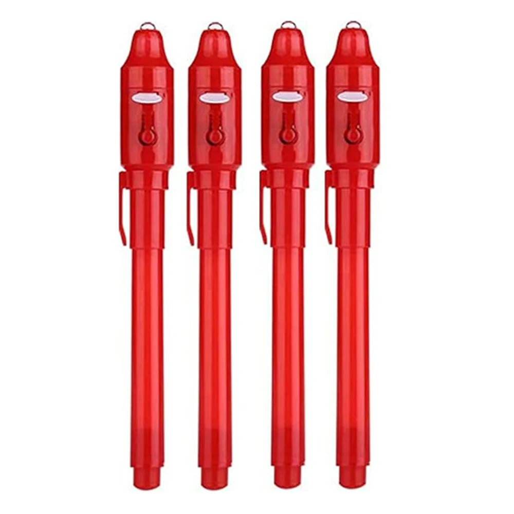 A set of three red invisible ink spy pens with UV light for secret messages