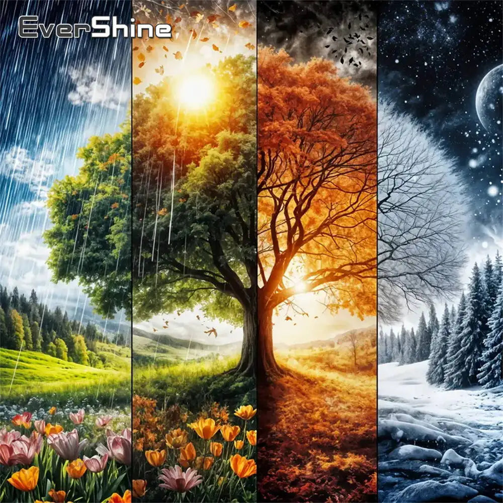 A four-panel image showing a 5D DIY Diamond Painting Kit featuring vibrant landscapes of spring, summer, autumn, and winter.