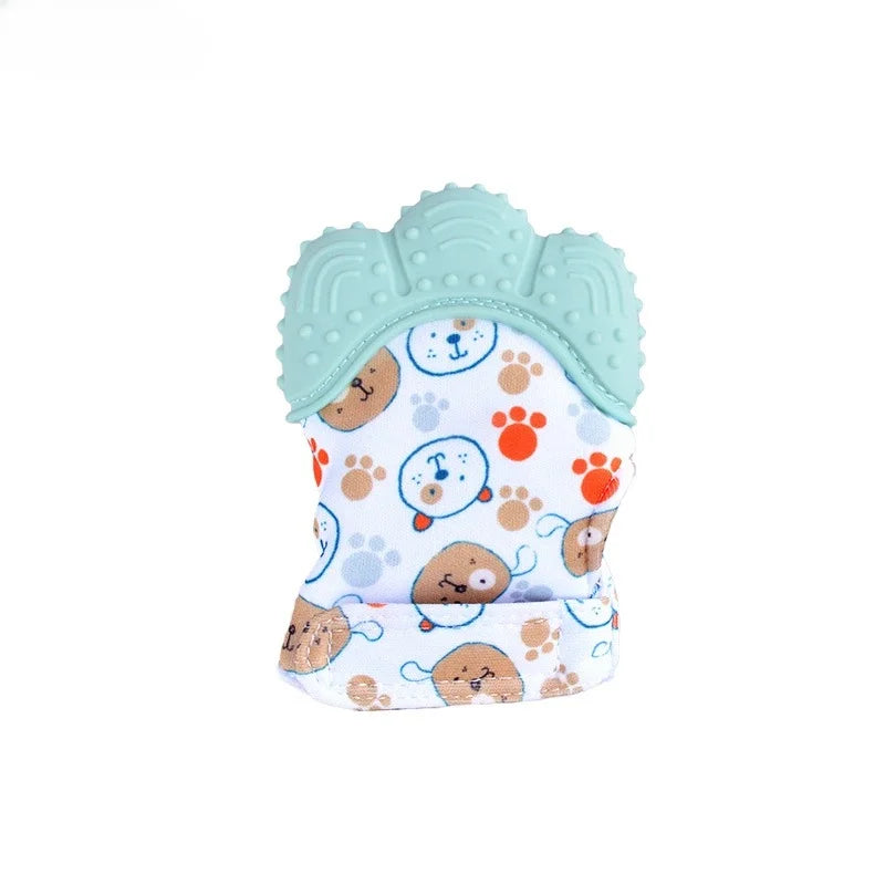 A pair of light green cartoon baby teething mittens with a bear face design.