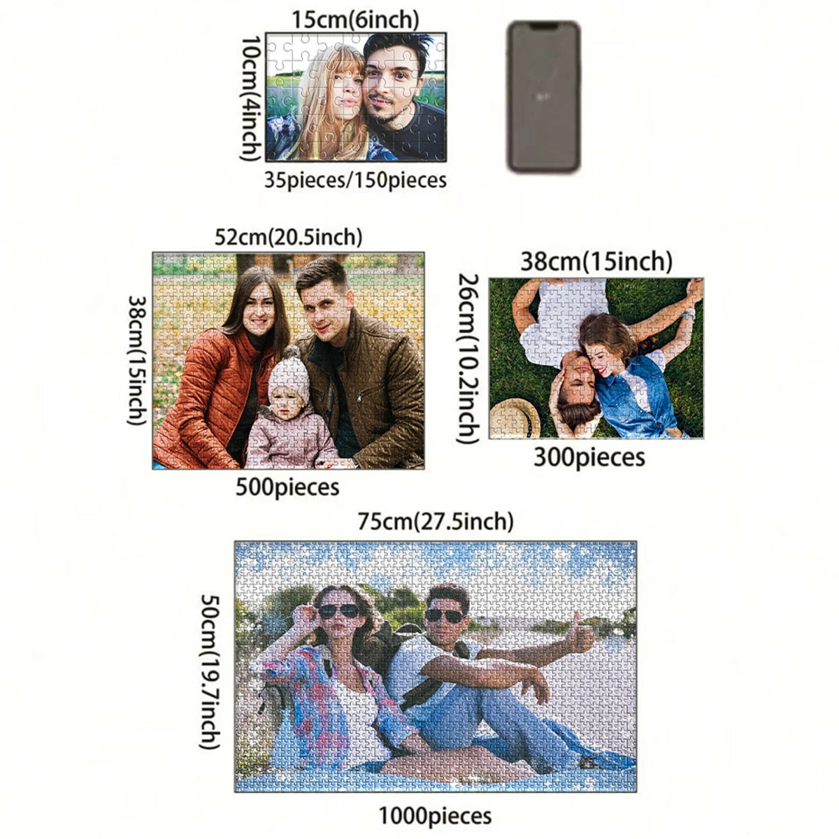 A collection of custom photo puzzles showing various sizes and piece counts, including a 10cm by 15cm puzzle featuring two pe