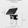 A black portable digital microscope with a screen and stand is shown, displaying its dimensions.