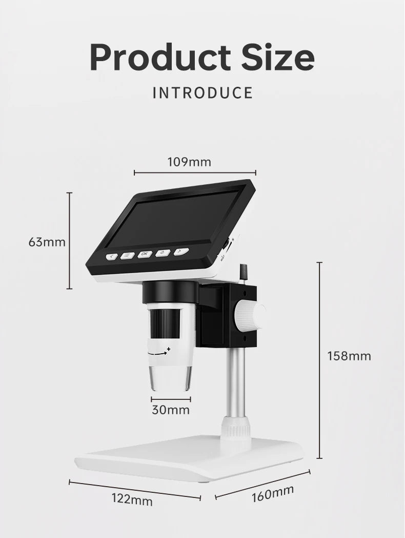 A black portable digital microscope with a screen and stand is shown, displaying its dimensions.