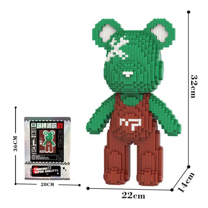 A green and brown Kawaii bear figure made of micro building blocks, measuring 32cm tall.