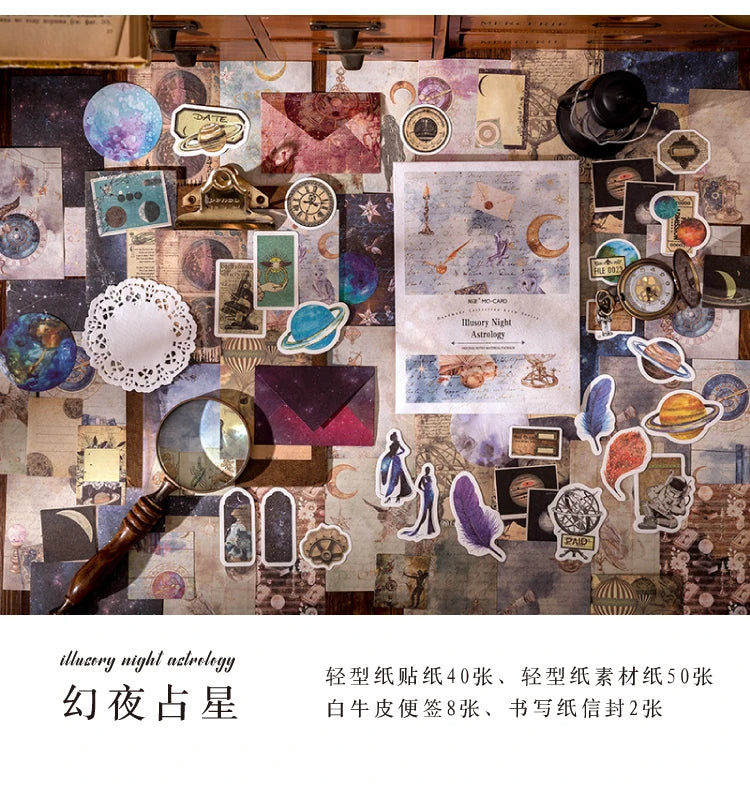 A collage of vintage stickers and paper elements related to illusory night astrology, including celestial bodies and mystical