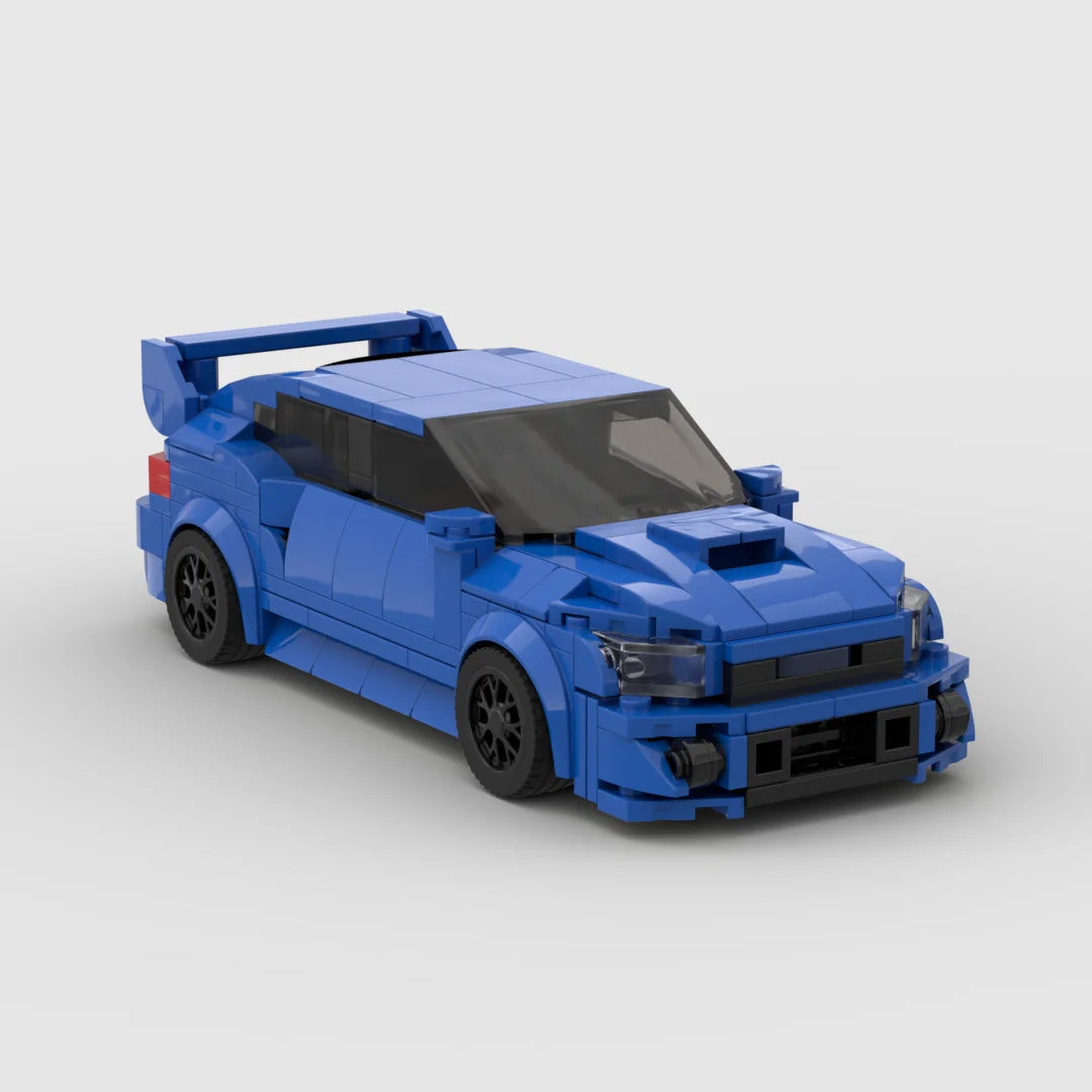 A blue classic supercar model built from building blocks.