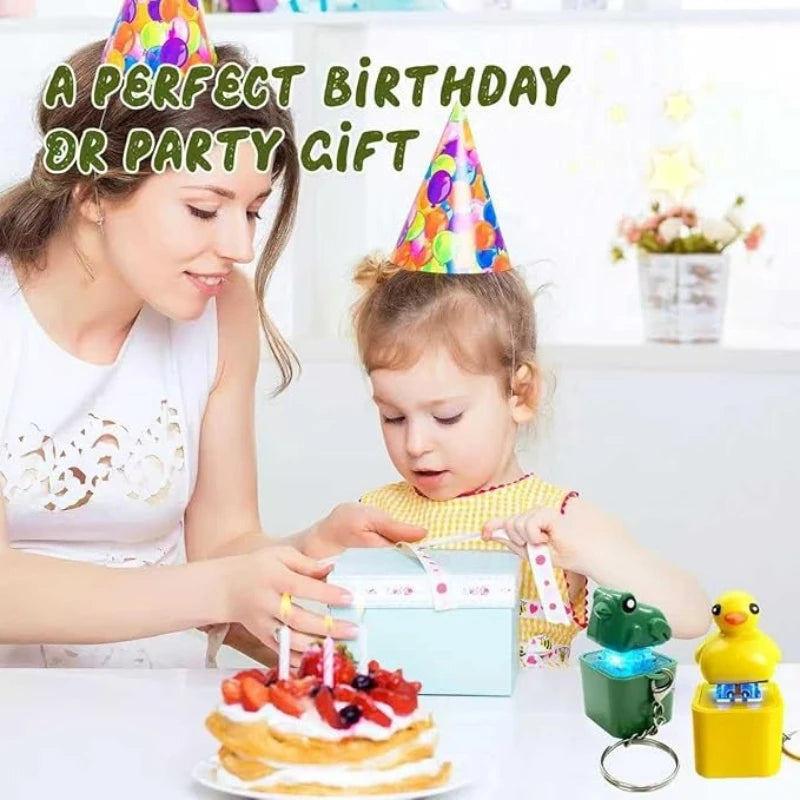 A birthday gift featuring a duck and frog fidget clicker keychain with sound and LED light