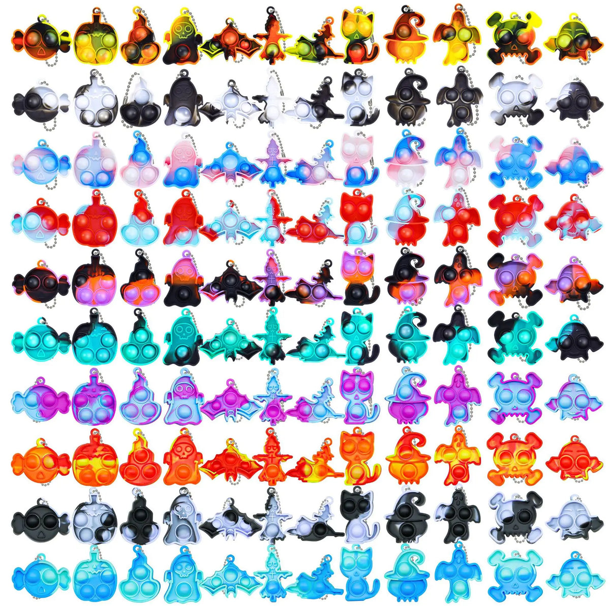 A collection of ten Halloween skull and pumpkin fidget toys in various colors and shapes.