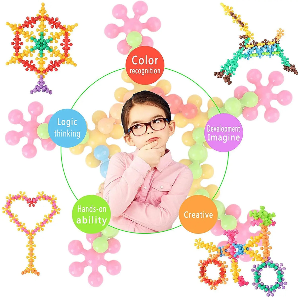 A colorful set of plum blossom snowflake building blocks used for logic thinking and development imagination.