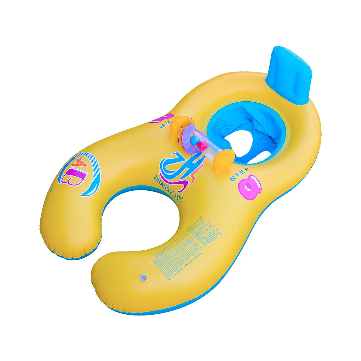 Yellow inflatable pool lounger for two with a sun canopy and backrest