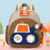 A beige backpack featuring a cartoon orange and blue digger truck design for kids.