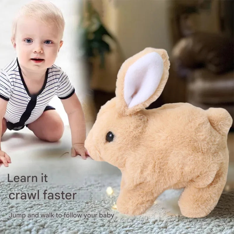A soft, tan plush rabbit toy is shown next to a baby learning to crawl.